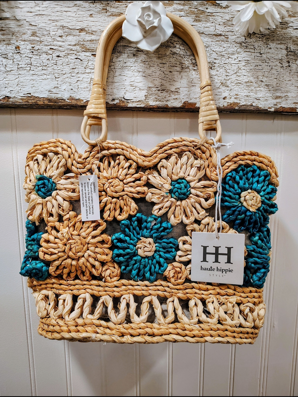 Haute Hippie Woven Floral Tote Bag in Natural and Teal